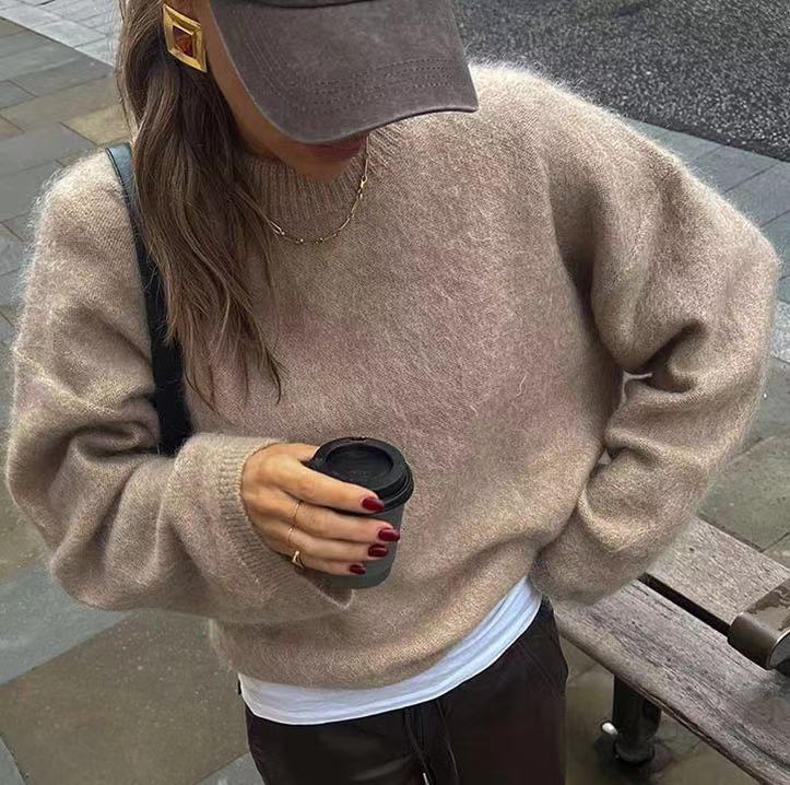 Women's  Deep Burgundy Long Sleeve Fleece Round Neck Pullover Sweater