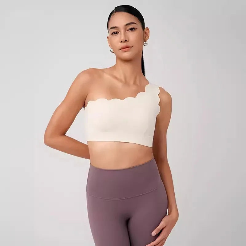 Mermaid Curve Nude Petal Shape Yoga Bra Suitable for High Intensity Exercise Bra Lycra One Shoulder Women's Pilates Sports Bra