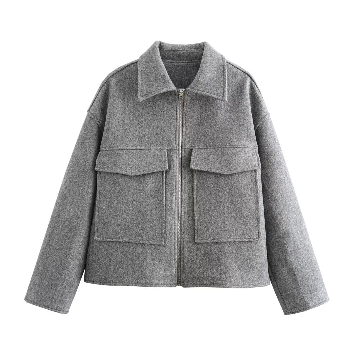 Fashionable burgundy large pocket zipper woolen coat
