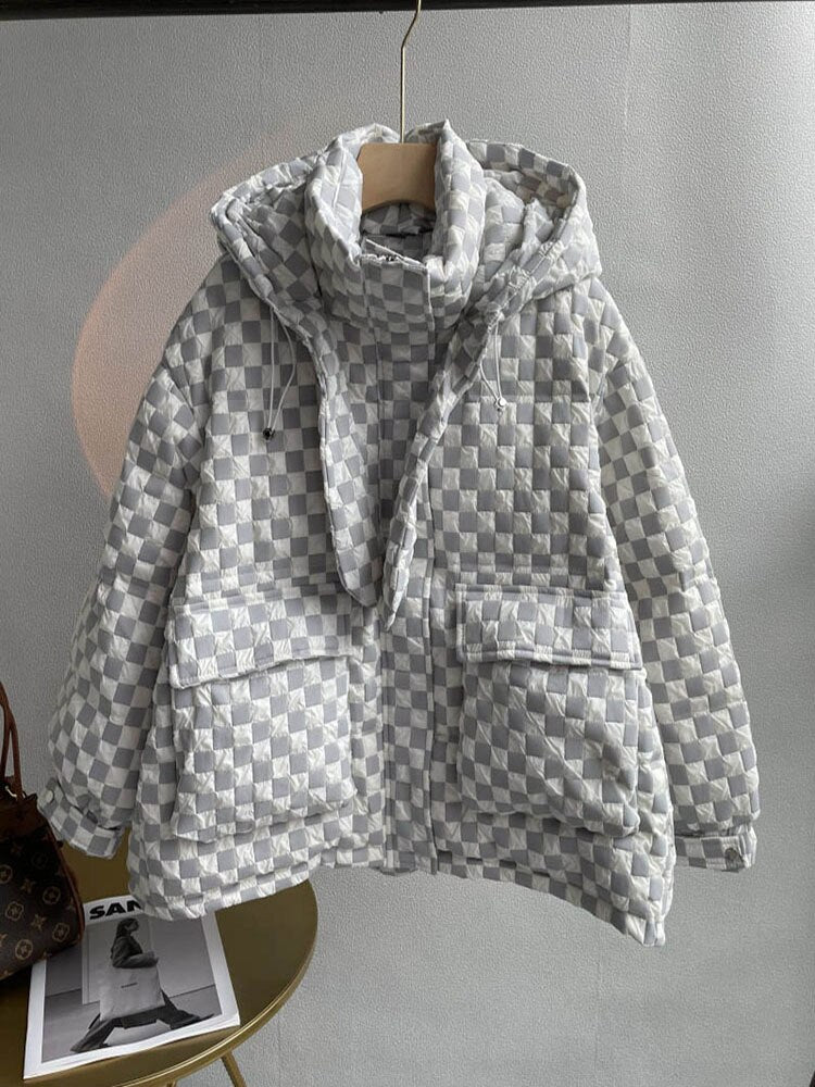 Korean Plaid Down Jacket For Women Jacquard Thick Duck Down Zip Up Hooded Jacket For Winter Puffer Outwear