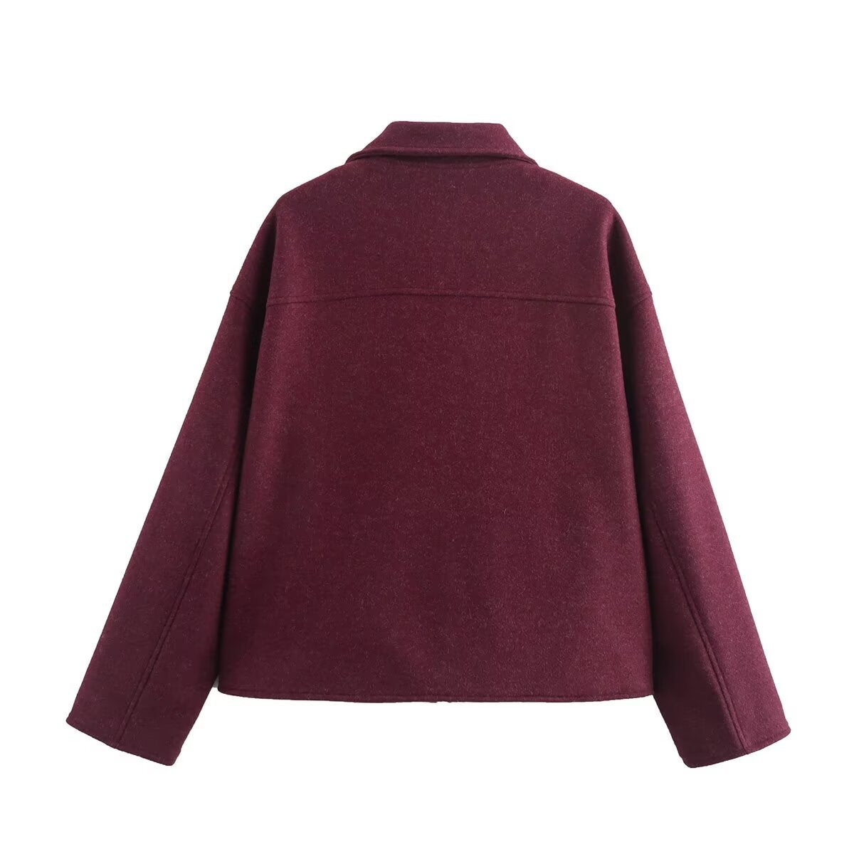 Fashionable burgundy large pocket zipper woolen coat