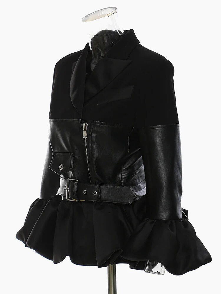 Fashion Women Short Jackets Belt Notched Flounce Three Quarter Spliced Pu Leather Zipper Slim Coats Winter