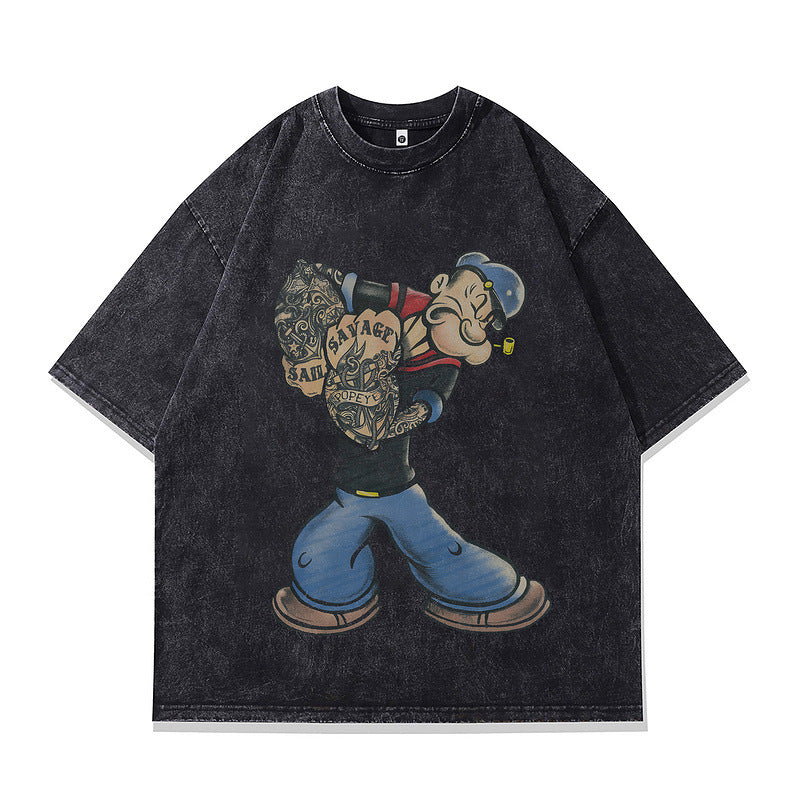 Oversized Short Sleeve T-Shirt Retro Hip Hop Print Men's Street Fashion Loose Washed Vintage Tee