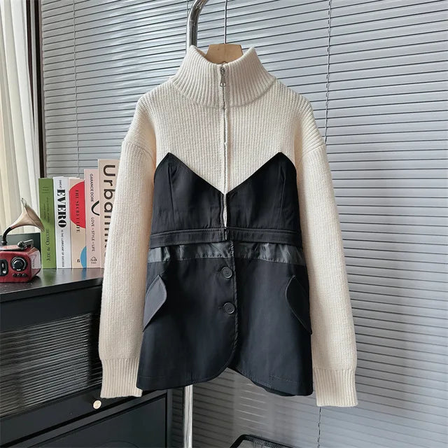 Long Sleeve Loose Outerwear Stand Collar Sweater Patchwork Fashion Women's Clothing Warm Knit Coats Winter Jacket