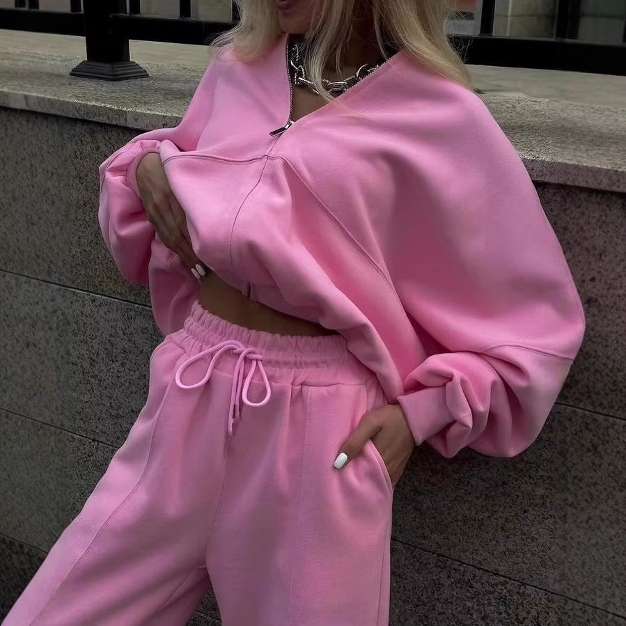 Style Zipper Casual Hoodie Set Two-Piece Women's Outfit