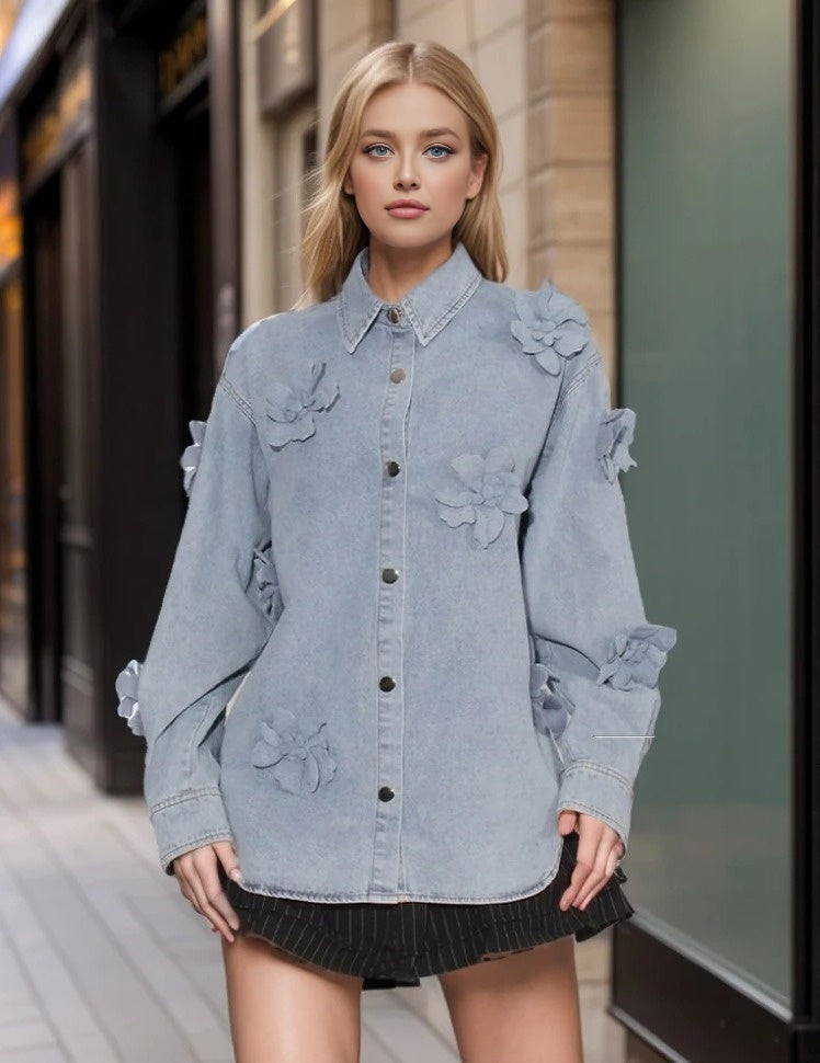 Solid Patchwork Appliques Loose Denim Jackets For Women Lapel Long Sleeve Spliced Button Minimalist Coats Female
