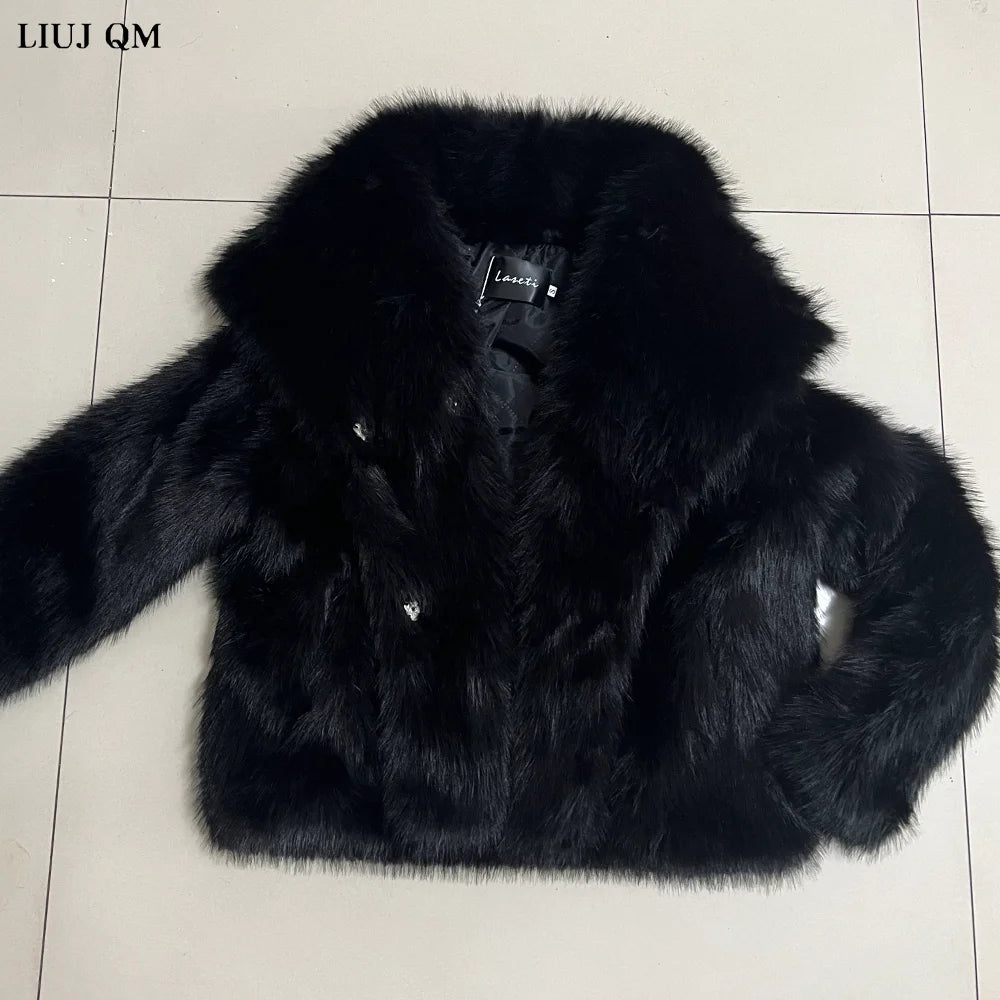 Women Fluffy Jacket Winter Clothes Short Faux-Fox Fur Coats Korea Lapel Casual Black Outwear Female Thick Warm Plush Overcoat