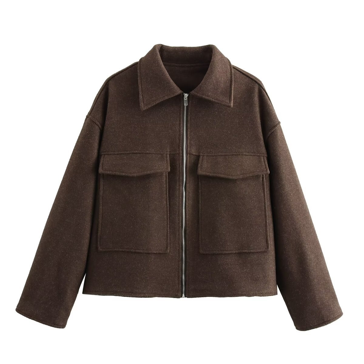 Fashionable burgundy large pocket zipper woolen coat