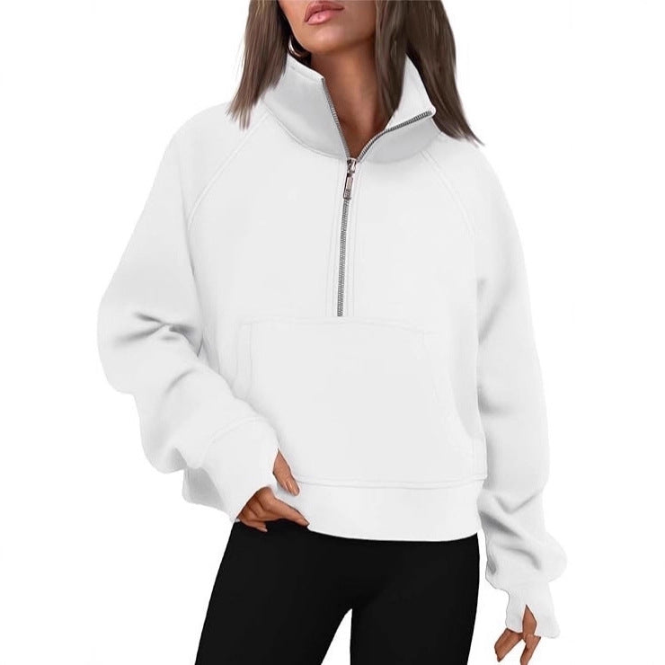 Fashionable Women's Autumn/Winter Fleece Pullover with Raglan Sleeves Loose Fit Stand-Up Collar Half-Zip Hoodie
