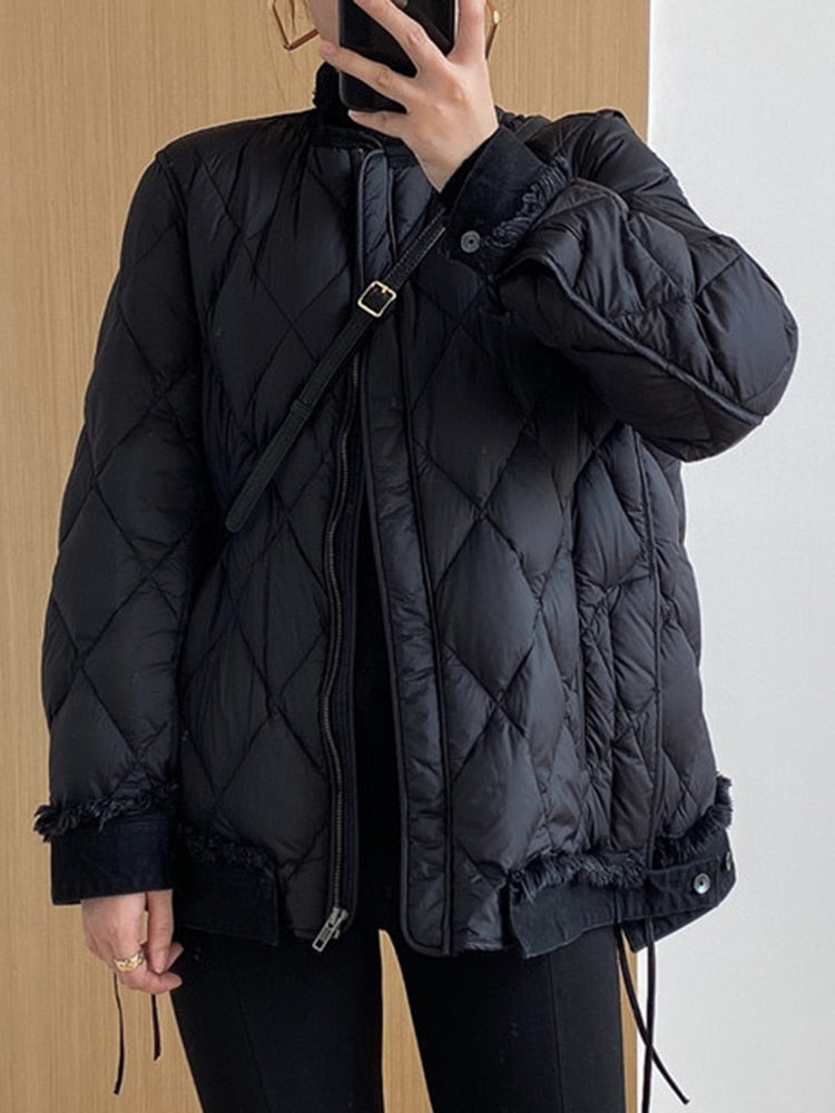 Winter Cotton Coat For Women Round Neck Long Sleeve Patchwork Denim Casual Down Coats Female Clothing Fashion Style
