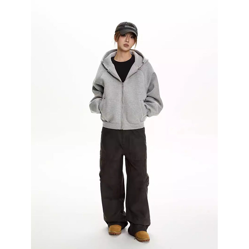 Hooded Zip-Up Hoodie for Women, Casual Loose Fit, Clean Fit, Short Length