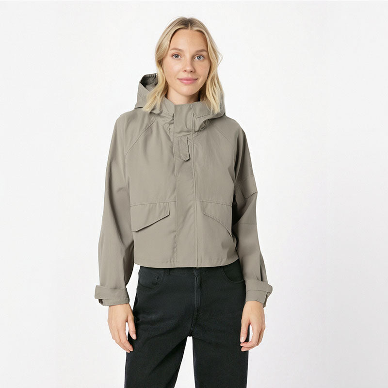 Japanese outdoor style stand up collar hooded jacket loose silhouette slimming casual jacket for women