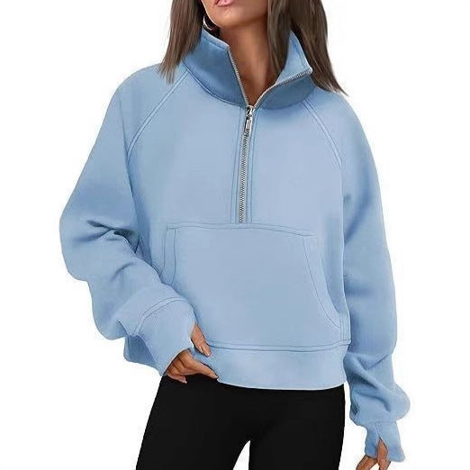 Fashionable Women's Autumn/Winter Fleece Pullover with Raglan Sleeves Loose Fit Stand-Up Collar Half-Zip Hoodie