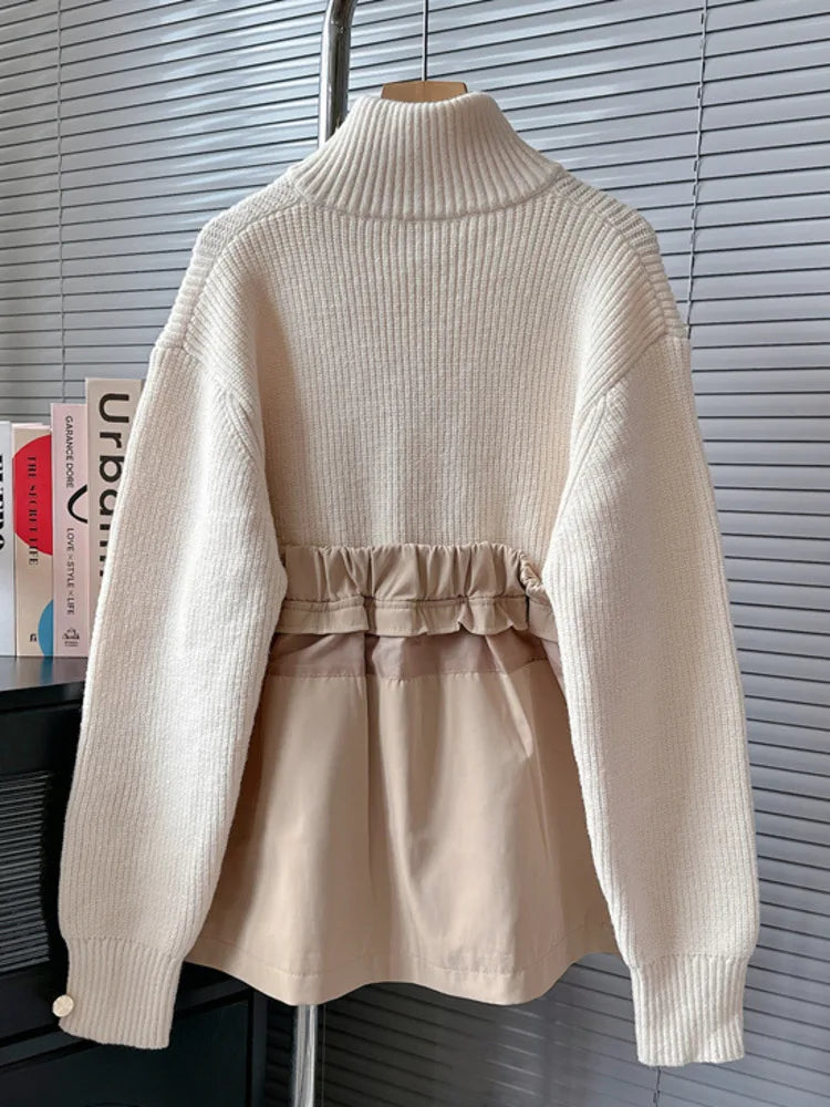 Long Sleeve Loose Outerwear Stand Collar Sweater Patchwork Fashion Women's Clothing Warm Knit Coats Winter Jacket
