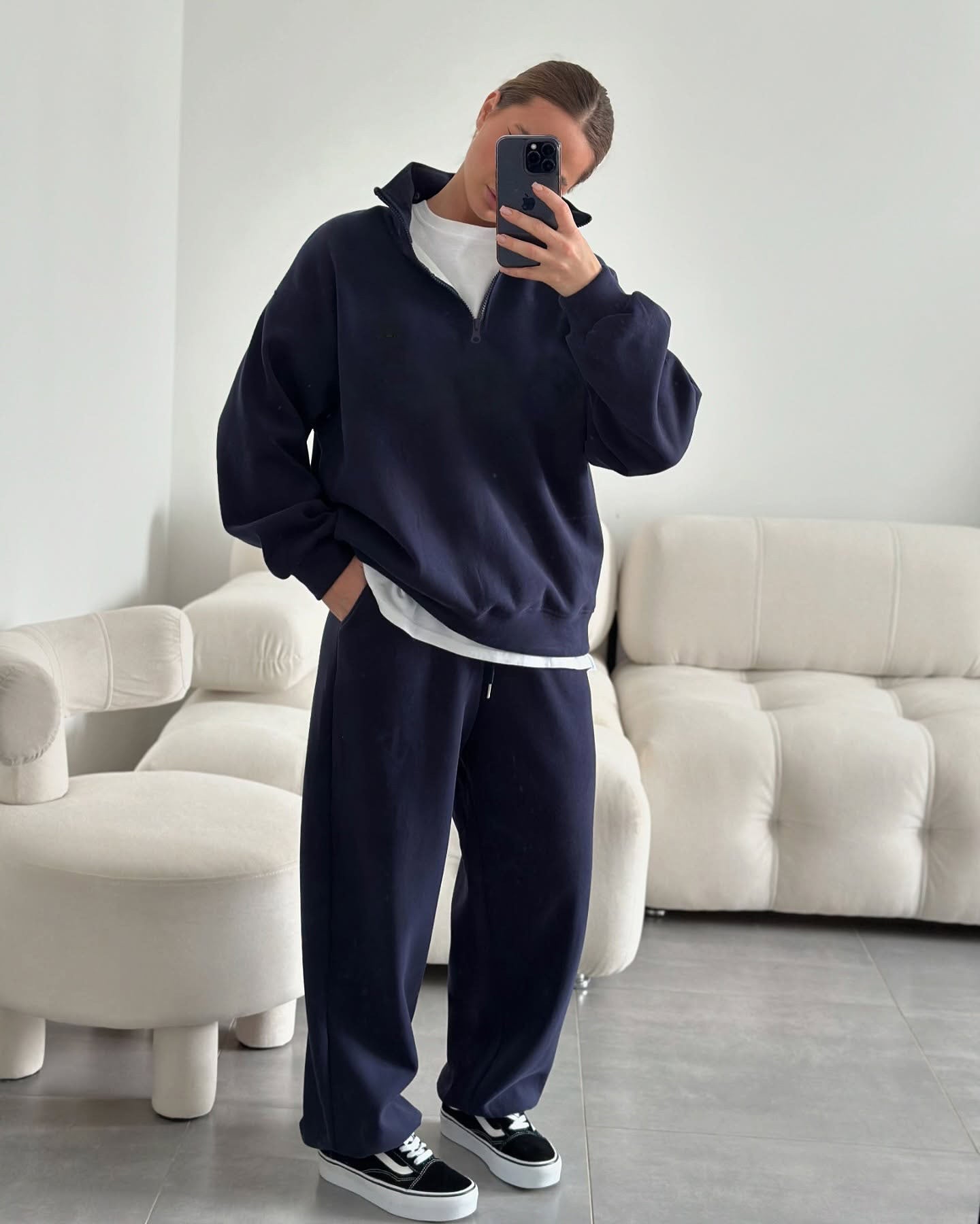 Fashion Half-Open Neck Long Sleeve Hoodie and Pants Casual Set Oversized Pullover with Tie Waist Sweatpants Two-Piece Set, Cotton