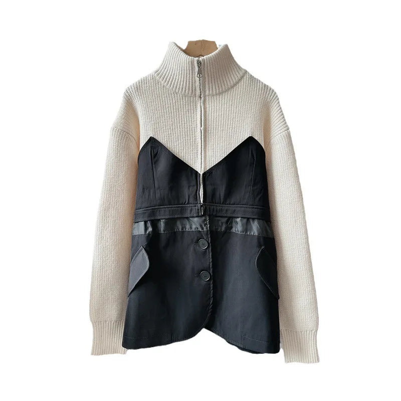 Long Sleeve Loose Outerwear Stand Collar Sweater Patchwork Fashion Women's Clothing Warm Knit Coats Winter Jacket