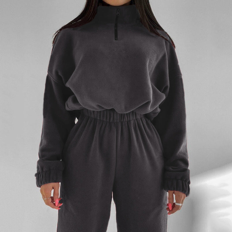 Fashion Casual Loose Zipper Stand Collar Hoodie Two-Piece Set for Women