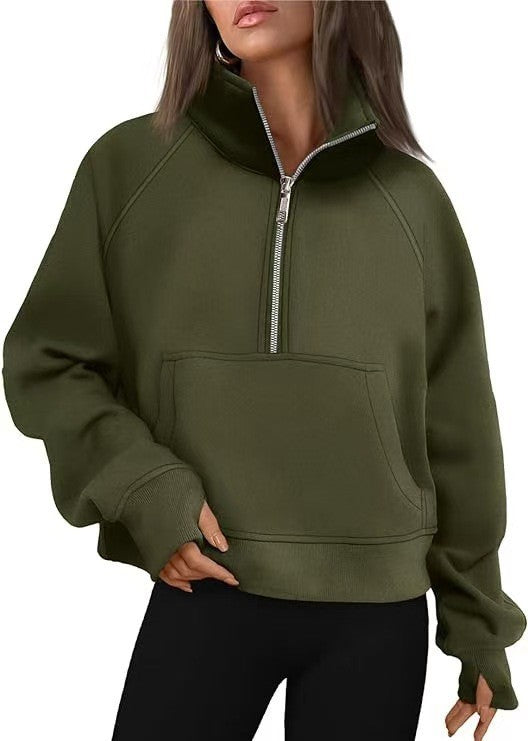 Fashionable Women's Autumn/Winter Fleece Pullover with Raglan Sleeves Loose Fit Stand-Up Collar Half-Zip Hoodie