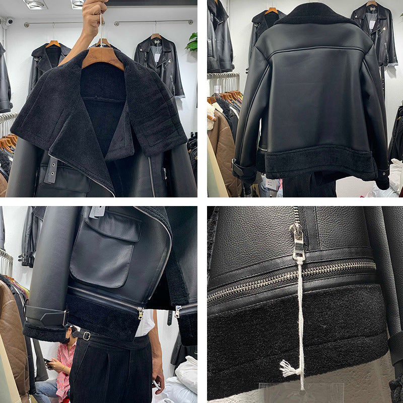 Motorcycle Merino wool fur coat women's autumn and winter short warm thin fur one coat winter