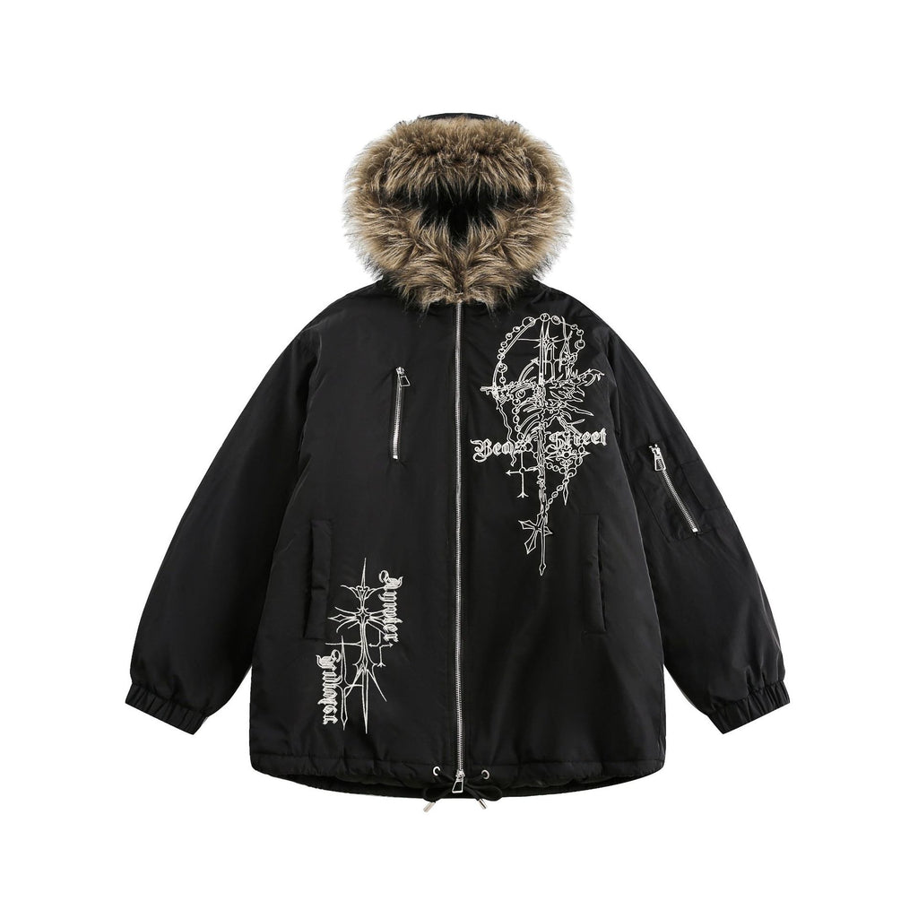 Cross skull embroidered fur collar jacket