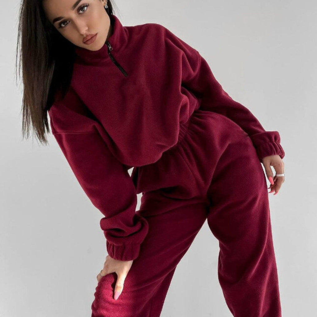 Fashion Casual Loose Zipper Stand Collar Hoodie Two-Piece Set for Women