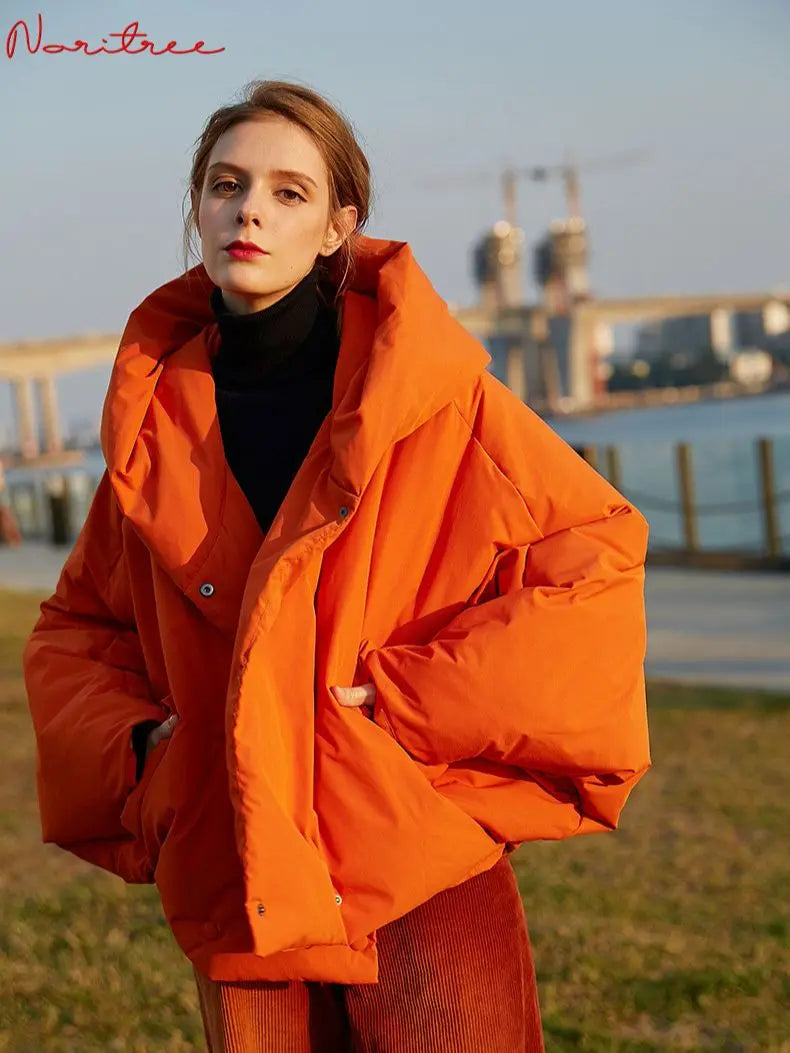 Winter Women's Parkas Fashion Tide Loose Fluffy Orange Red Oversized Down Jacket New Hooded Long Sleeve Warm Coats