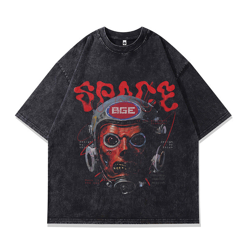 Oversized Short Sleeve T-Shirt Retro Hip Hop Print Men's Street Fashion Loose Washed Vintage Tee