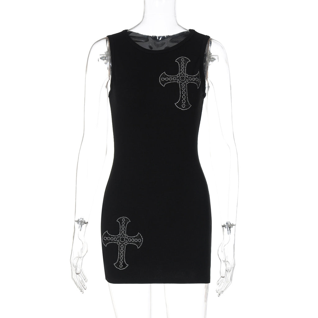 Women's Cross Rhinestone Sleeveless Fitted Bodycon Dress