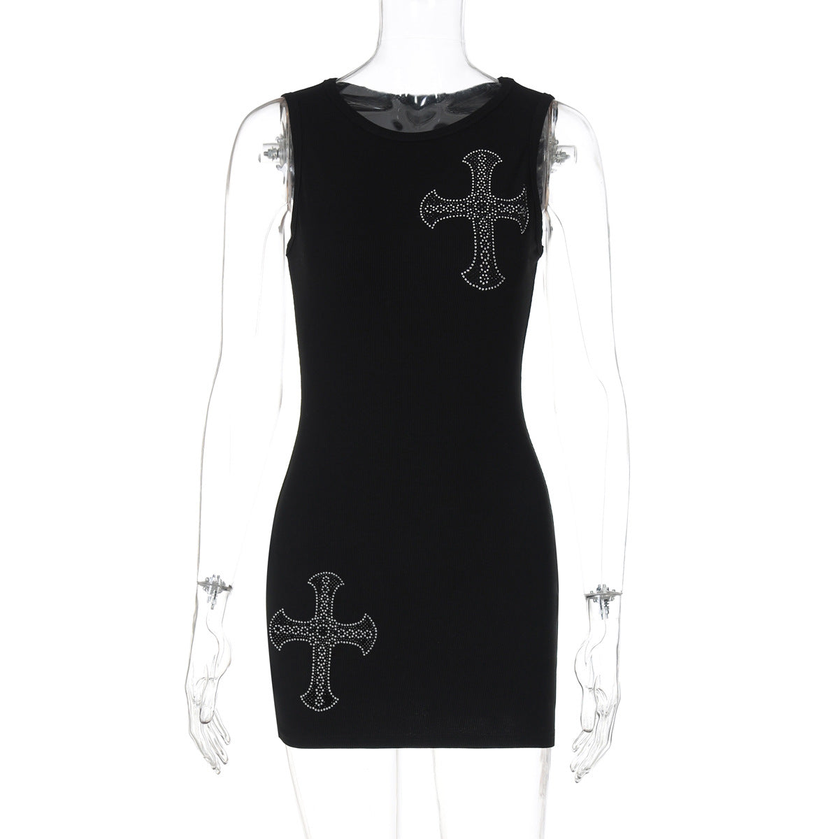 Women's Cross Rhinestone Sleeveless Fitted Bodycon Dress