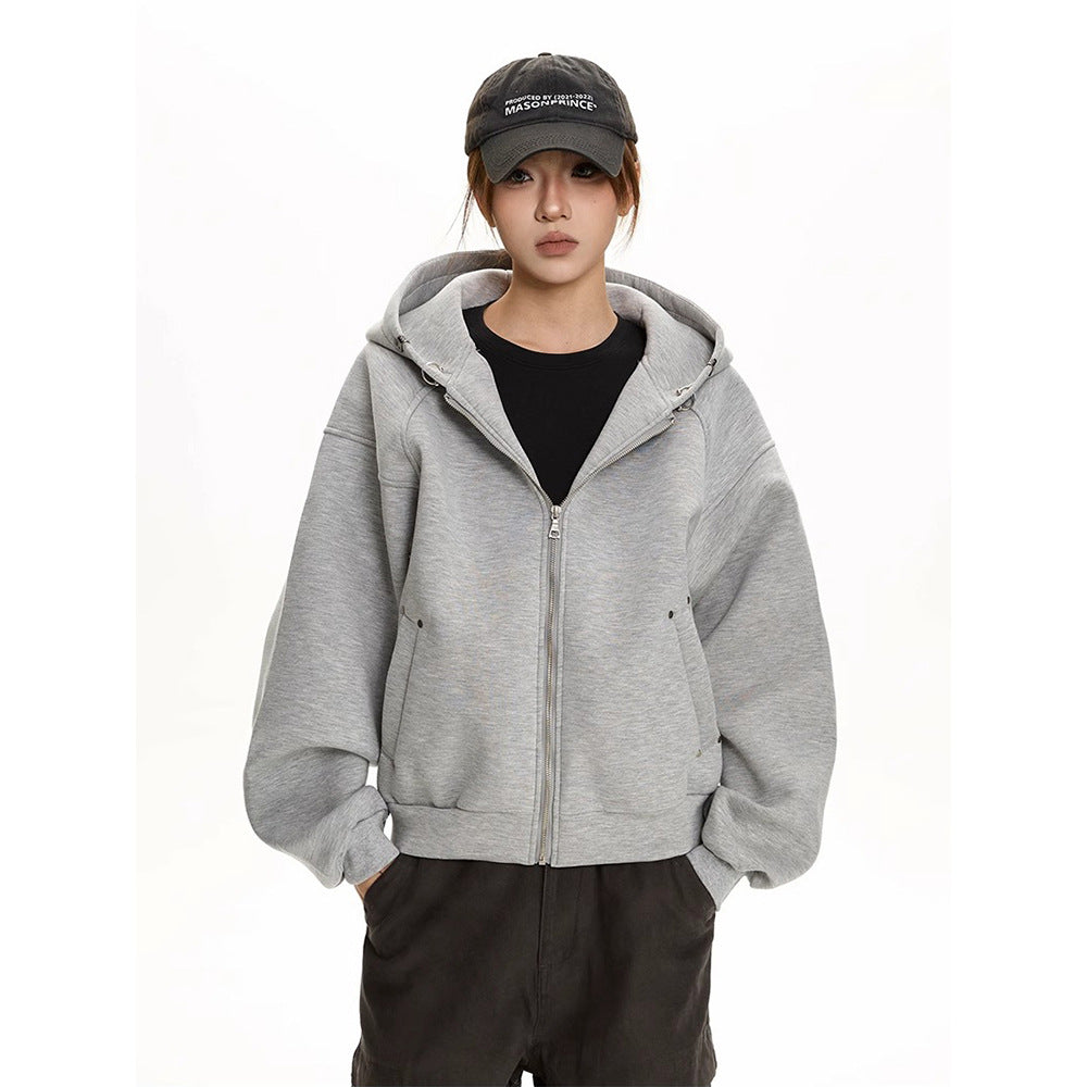 Hooded Zip-Up Hoodie for Women, Casual Loose Fit, Clean Fit, Short Length