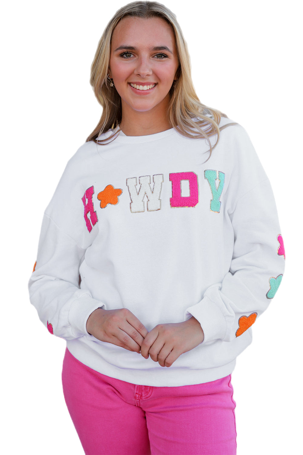 Black Howdy Glitter Chenille Patch Graphic Casual Sweatshirt
