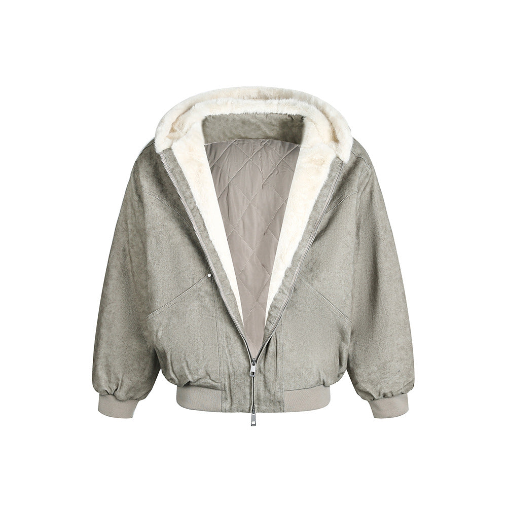 Solid color hooded winter couple jacket