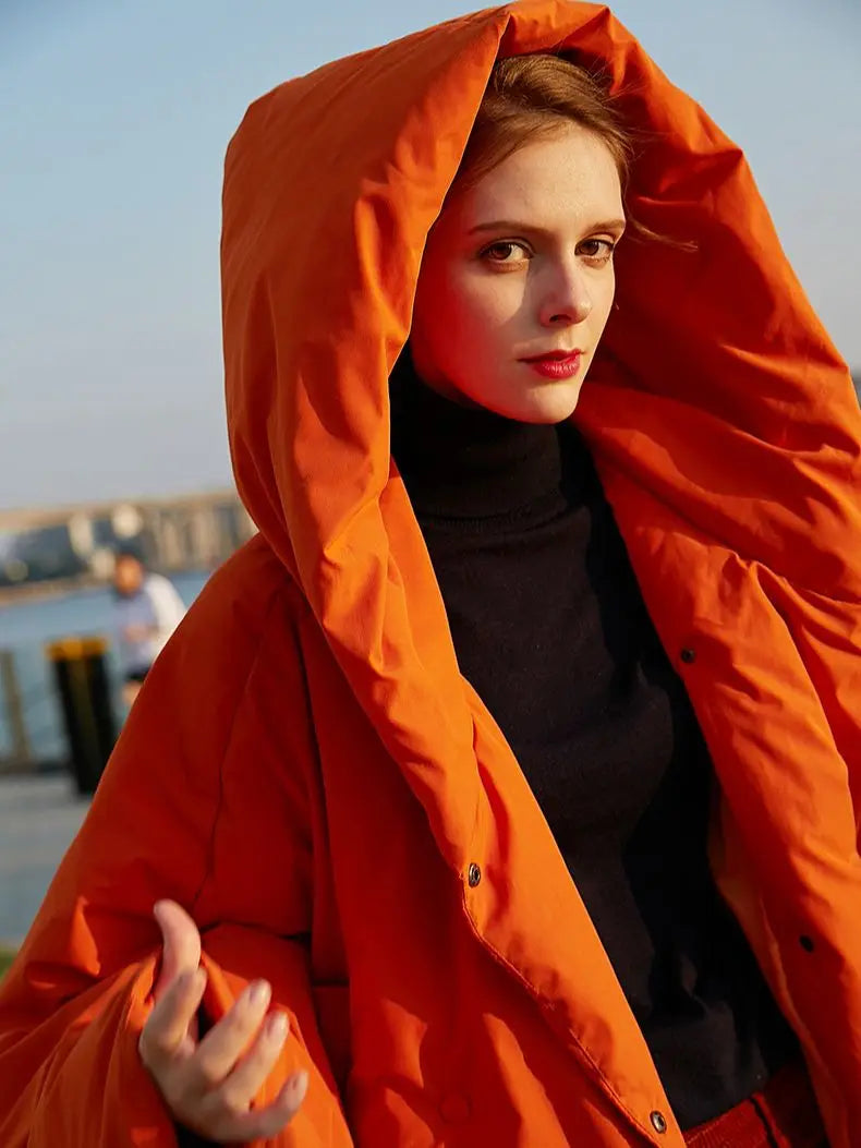 Winter Women's Parkas Fashion Tide Loose Fluffy Orange Red Oversized Down Jacket New Hooded Long Sleeve Warm Coats