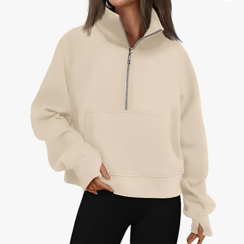 Fashionable Women's Autumn/Winter Fleece Pullover with Raglan Sleeves Loose Fit Stand-Up Collar Half-Zip Hoodie