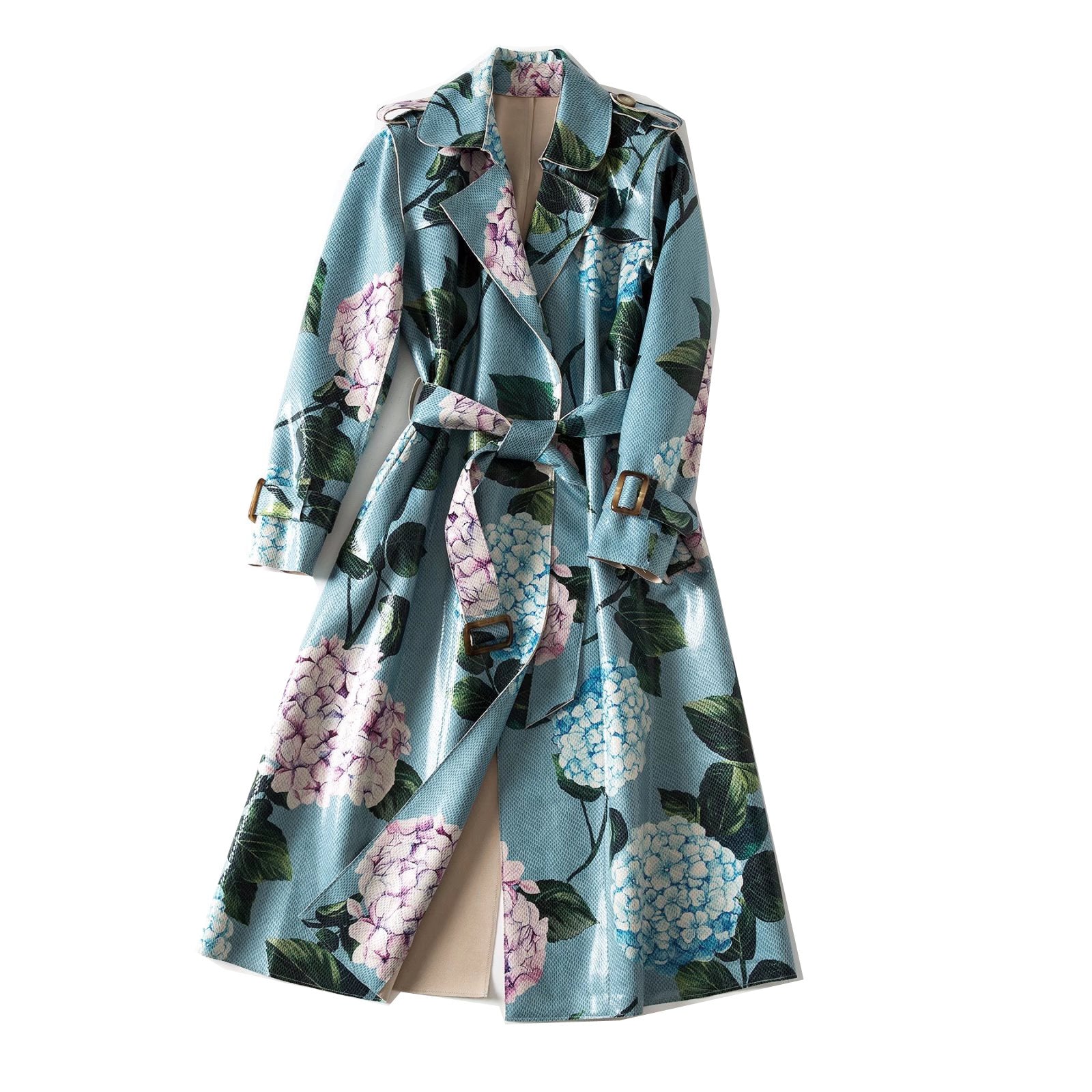 Winter Women Fashion Runway Leather Trench Coats Long Sleeve Sashes Small Floral Print LadyLoose Coats Overcoat