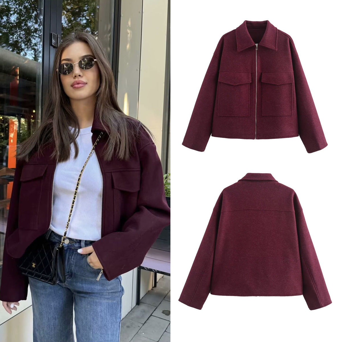 Fashionable burgundy large pocket zipper woolen coat