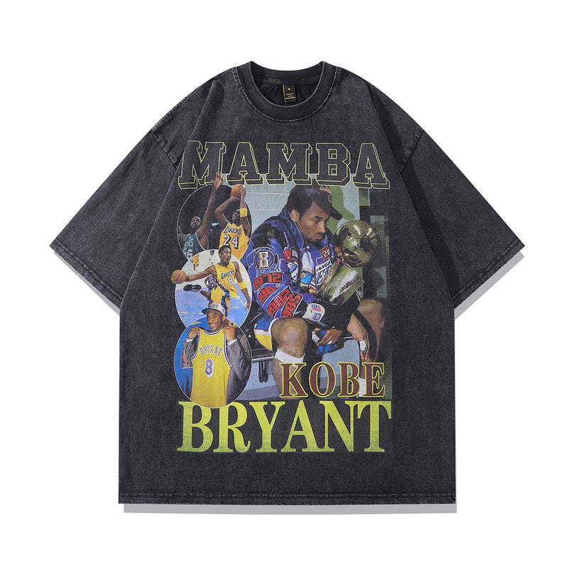 American Star Player Print Short Sleeve T-Shirt Street Hip Hop Retro Vintage Washed Heavyweight Pure Cotton Tee Men
