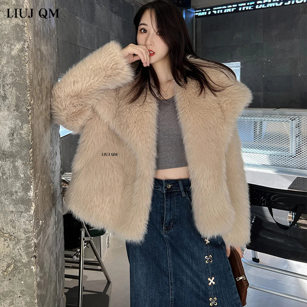 Women Fluffy Jacket Winter Clothes Short Faux-Fox Fur Coats Korea Lapel Casual Black Outwear Female Thick Warm Plush Overcoat