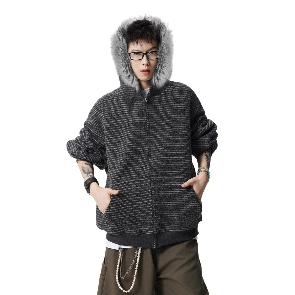 Oalin American Style Chic Striped Zip-Up Hoodie Loose Casual Vintage Couple's Sweatshirt Jacket