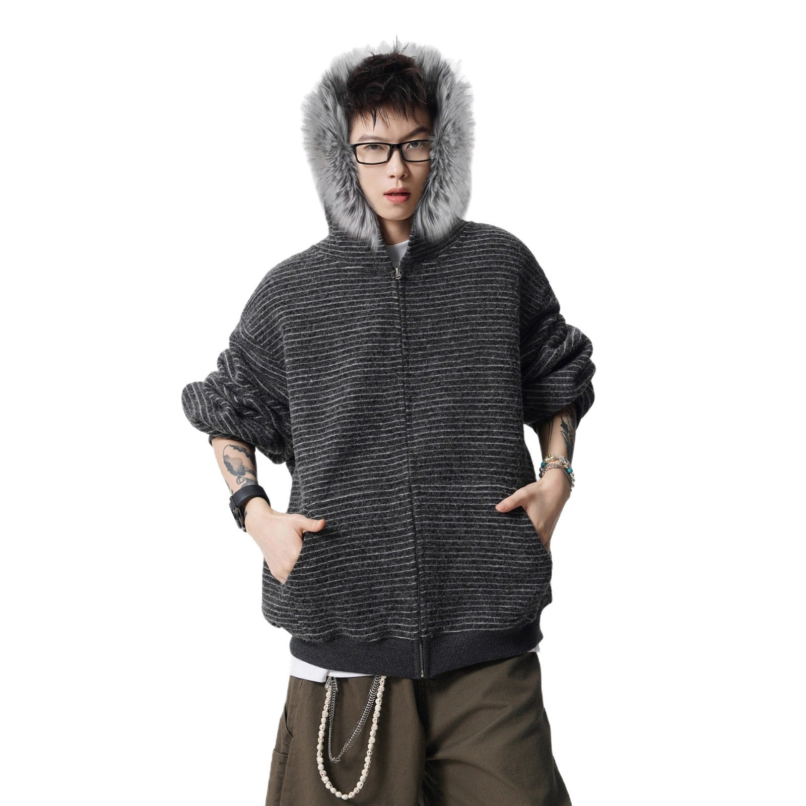 Oalin American Style Chic Striped Zip-Up Hoodie Loose Casual Vintage Couple's Sweatshirt Jacket