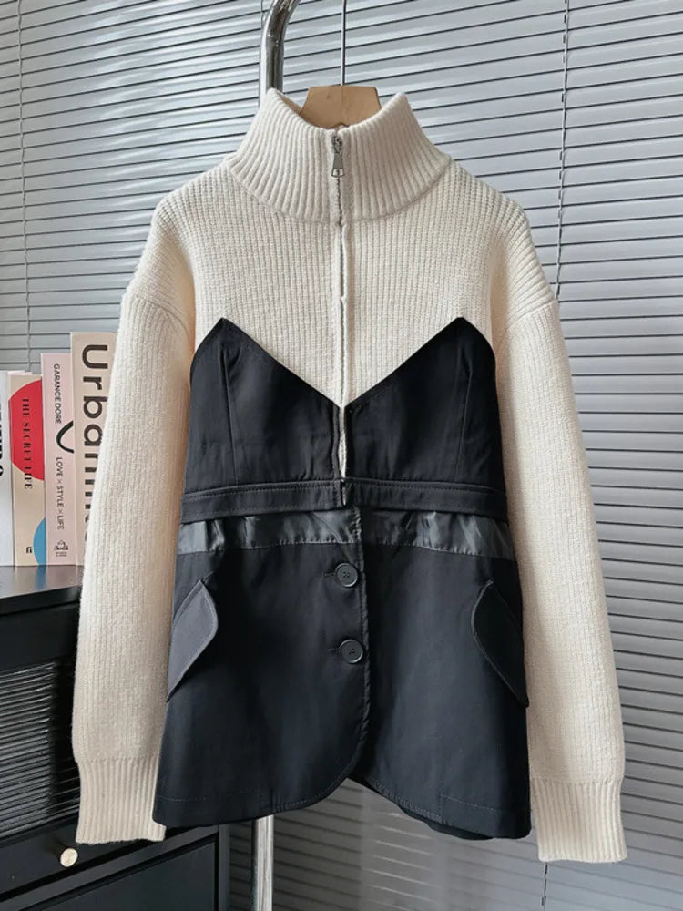 Long Sleeve Loose Outerwear Stand Collar Sweater Patchwork Fashion Women's Clothing Warm Knit Coats Winter Jacket