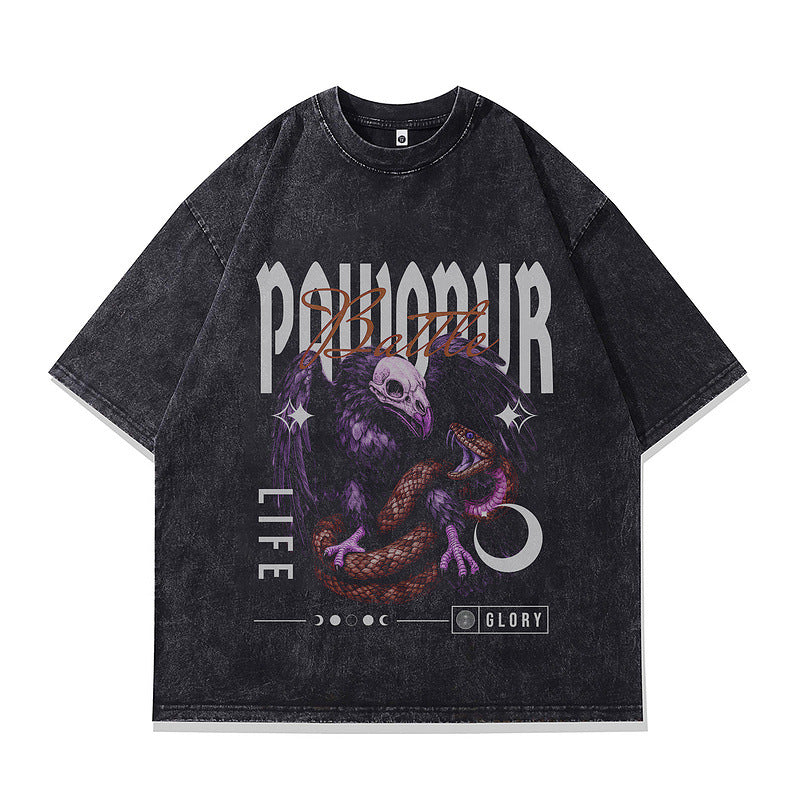 Oversized Short Sleeve T-Shirt Retro Hip Hop Print Men's Street Fashion Loose Washed Vintage Tee