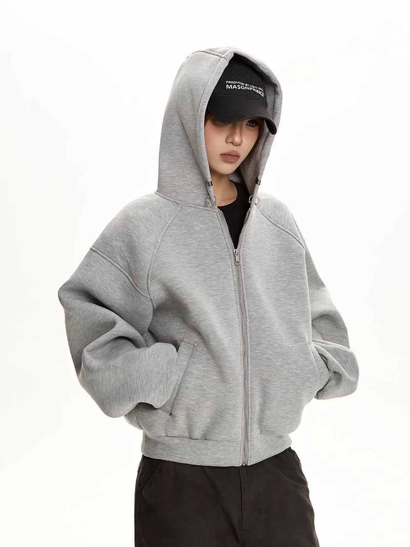 Hooded Zip-Up Hoodie for Women, Casual Loose Fit, Clean Fit, Short Length