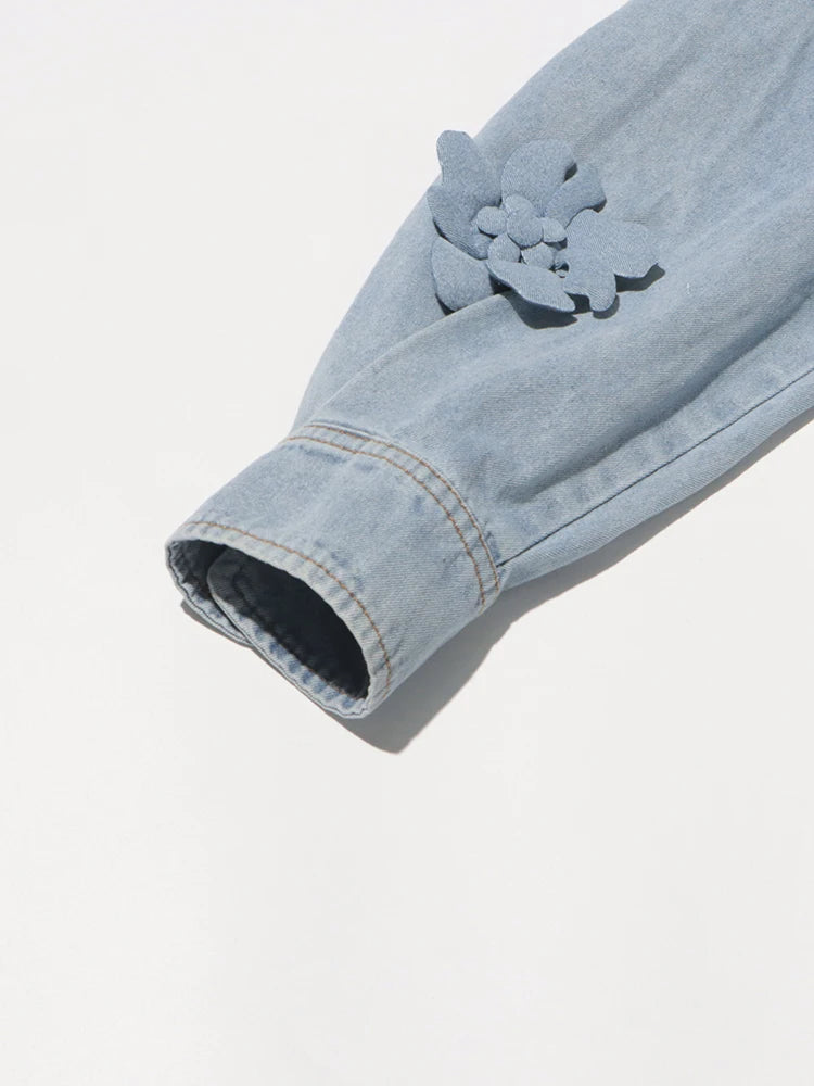 Solid Patchwork Appliques Loose Denim Jackets For Women Lapel Long Sleeve Spliced Button Minimalist Coats Female