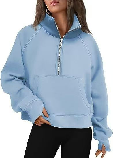 Fashionable Women's Autumn/Winter Fleece Pullover with Raglan Sleeves Loose Fit Stand-Up Collar Half-Zip Hoodie