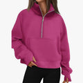 Fashionable Women's Autumn/Winter Fleece Pullover with Raglan Sleeves Loose Fit Stand-Up Collar Half-Zip Hoodie