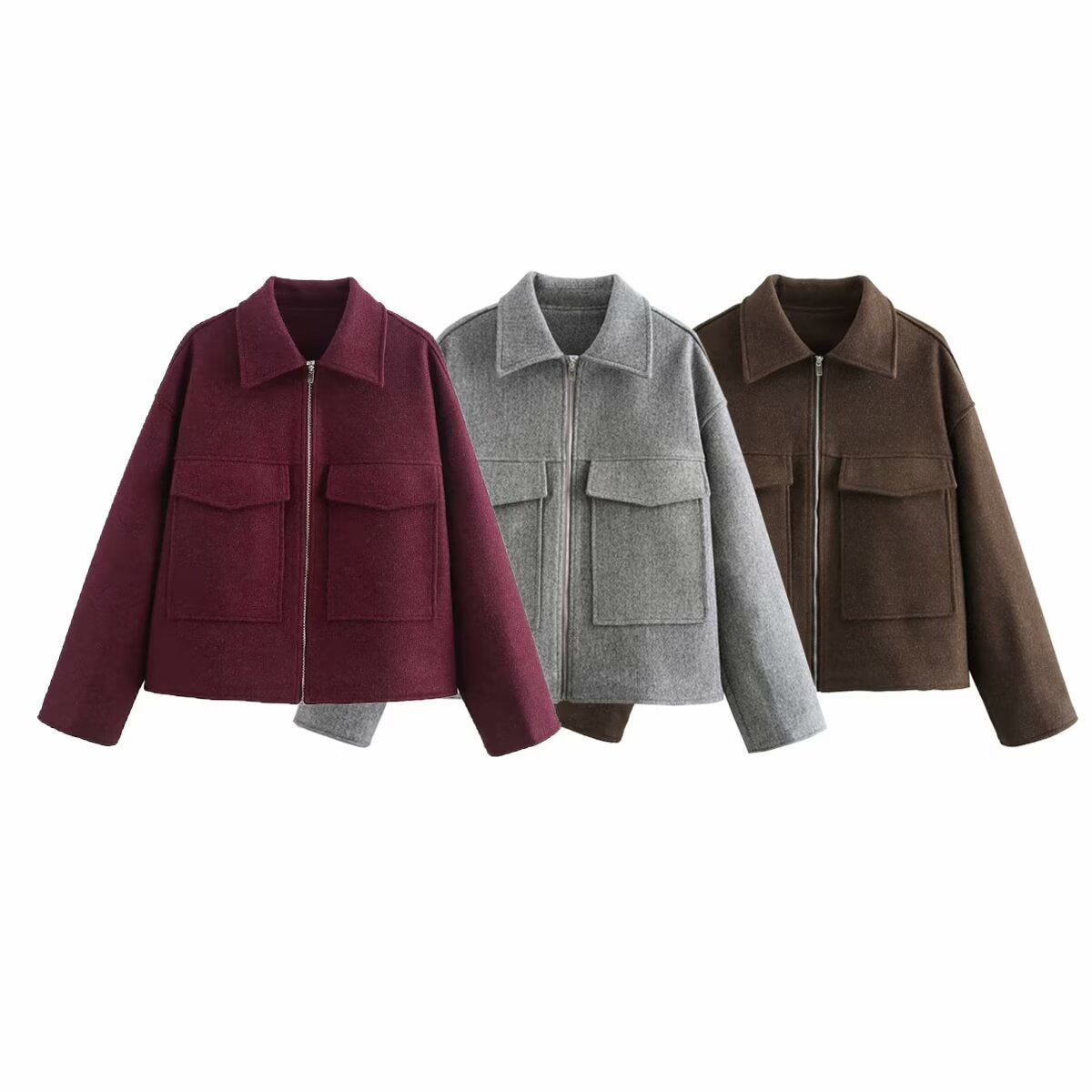 Fashionable burgundy large pocket zipper woolen coat