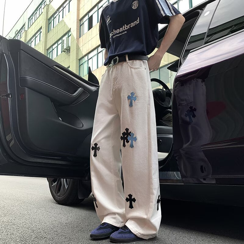 White ripped jeans men's summer cross straight leg loose and versatile wide leg pants