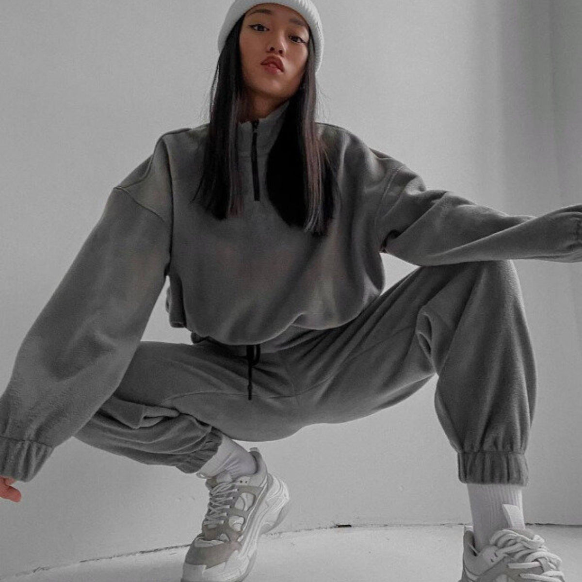 Fashion Casual Loose Zipper Stand Collar Hoodie Two-Piece Set for Women