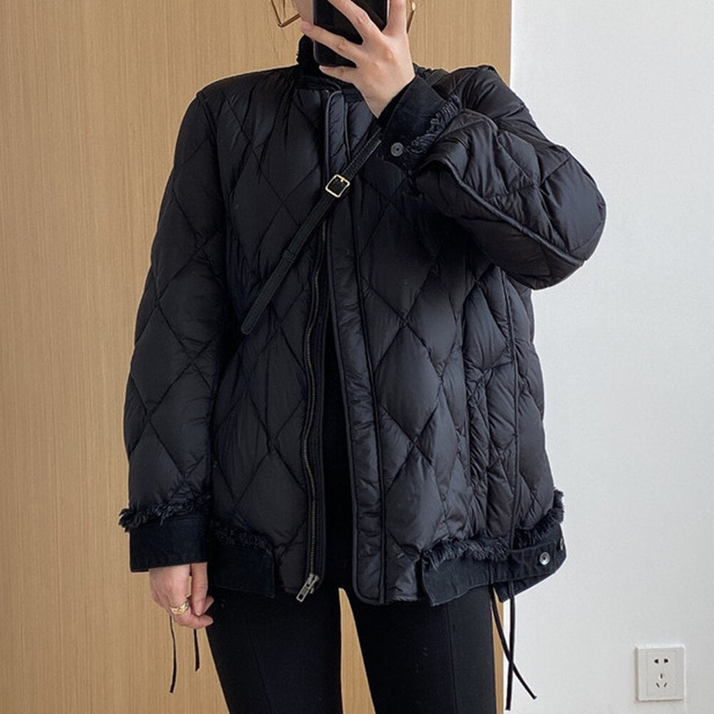 Winter Cotton Coat For Women Round Neck Long Sleeve Patchwork Denim Casual Down Coats Female Clothing Fashion Style